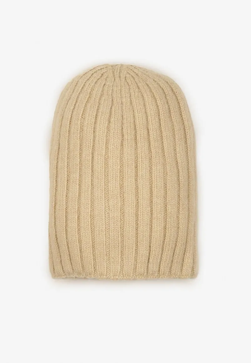 Beżowa Czapka z Wiskozy w Stylu Beanie z Prążkowanego Materiału Enandira