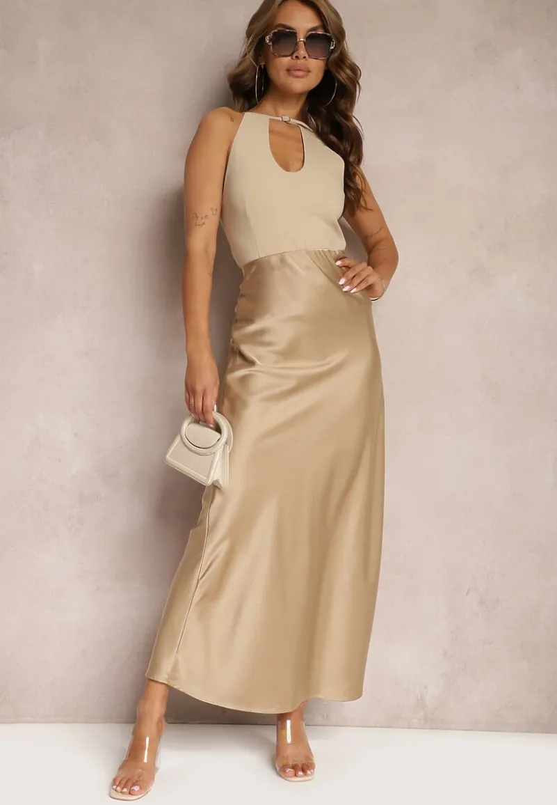 Beżowa Satynowa Spódnica Maxi High Waist Formia