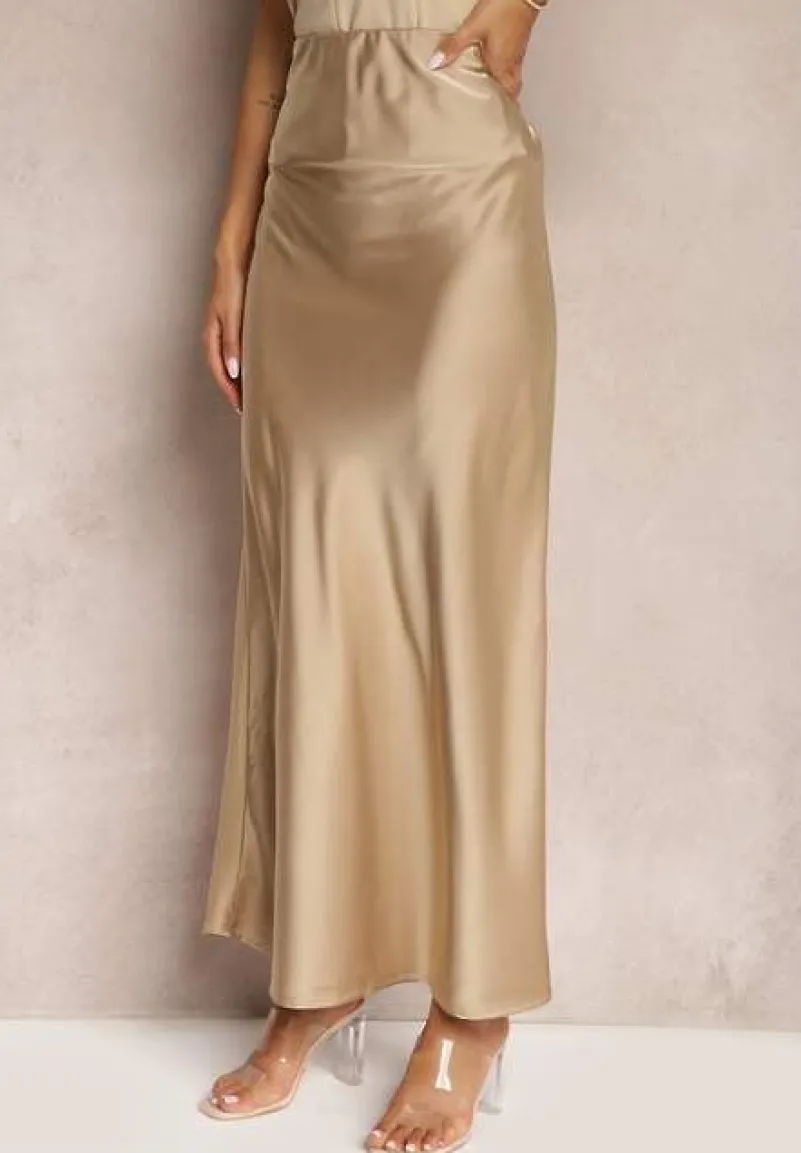 Beżowa Satynowa Spódnica Maxi High Waist Formia