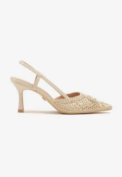 Beżowe Ażurowe Sandały Vices na Szpilce Typu Slingback Erathiela