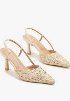 Beżowe Ażurowe Sandały Vices na Szpilce Typu Slingback Erathiela