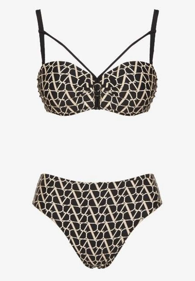 Beżowe Bikini Biustonosz i Majtki Typu Figi w Geometryczny Wzór Linarissa