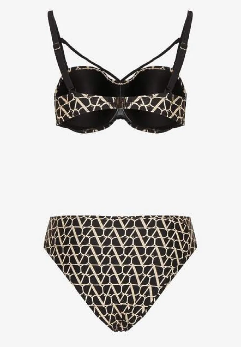 Beżowe Bikini Biustonosz i Majtki Typu Figi w Geometryczny Wzór Linarissa