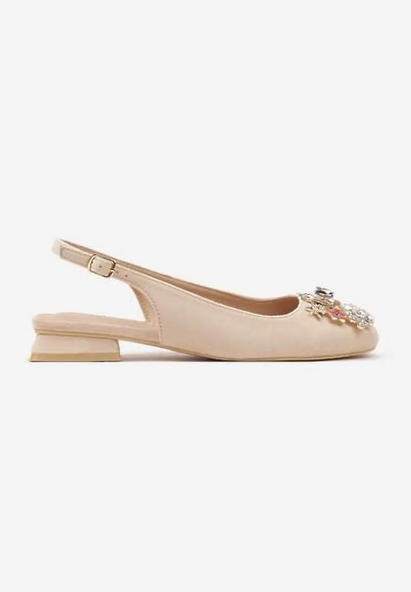 Beżowe Czółenka Slingback Vices z Cyrkoniami i Wkładką ze Skóry Eklina