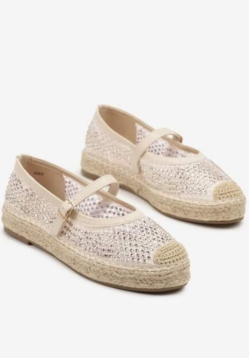 Beżowe Espadryle Ozdobione Plecionką i Ażurową Cholewką Rinelona