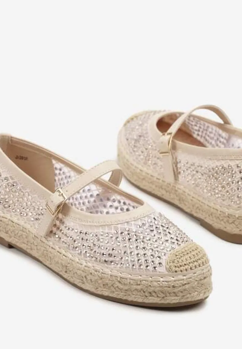 Beżowe Espadryle Ozdobione Plecionką i Ażurową Cholewką Rinelona