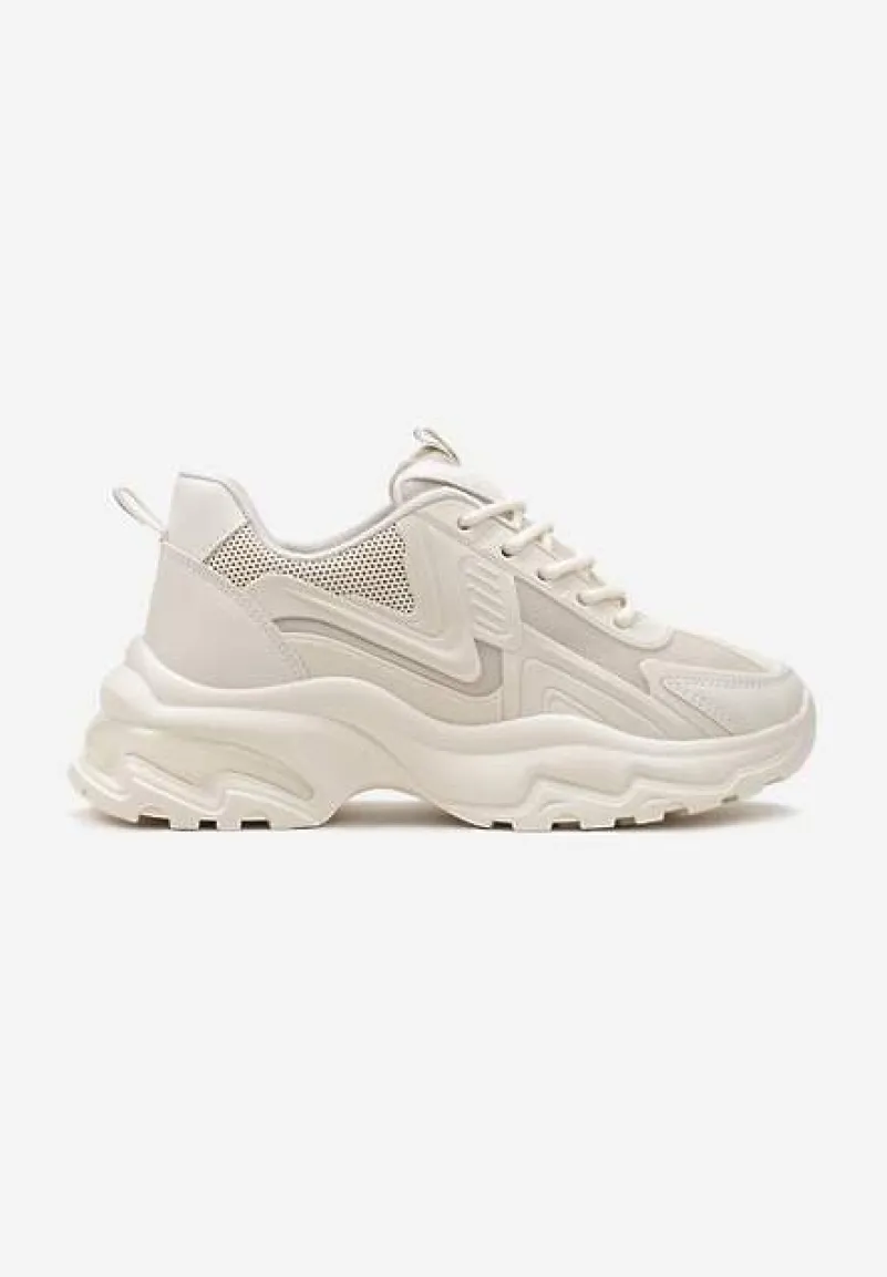 Beżowe Klasyczne Sneakersy Sznurowane na Niskiej Platformie Lenivia