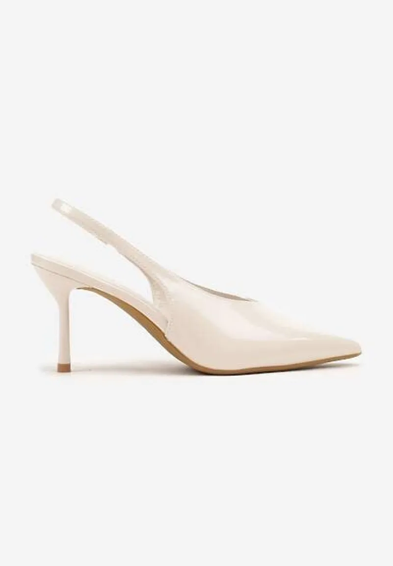 Beżowe Lakierowane Sandały na Szpilce Typu Slingback Addoxie