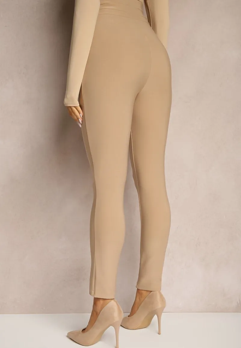Beżowe Legginsy Bawełniane High Waist Ozdobione Guzikami Liorvia