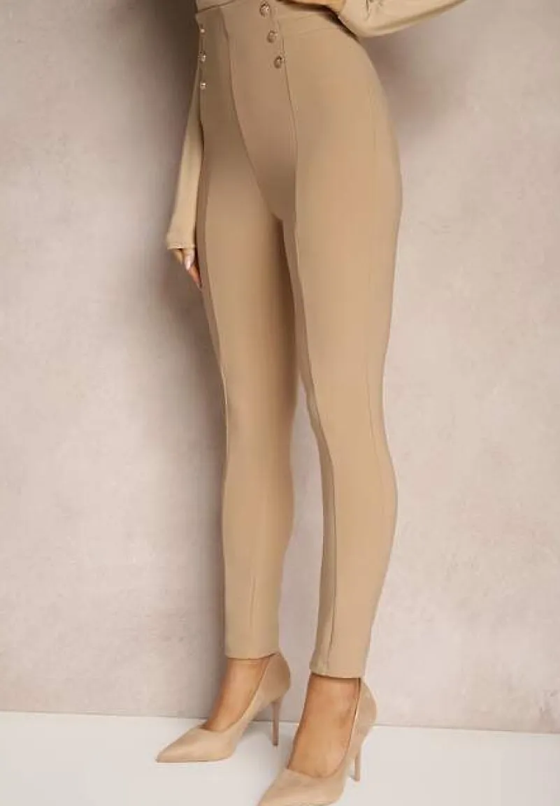 Beżowe Legginsy Bawełniane High Waist Ozdobione Guzikami Liorvia