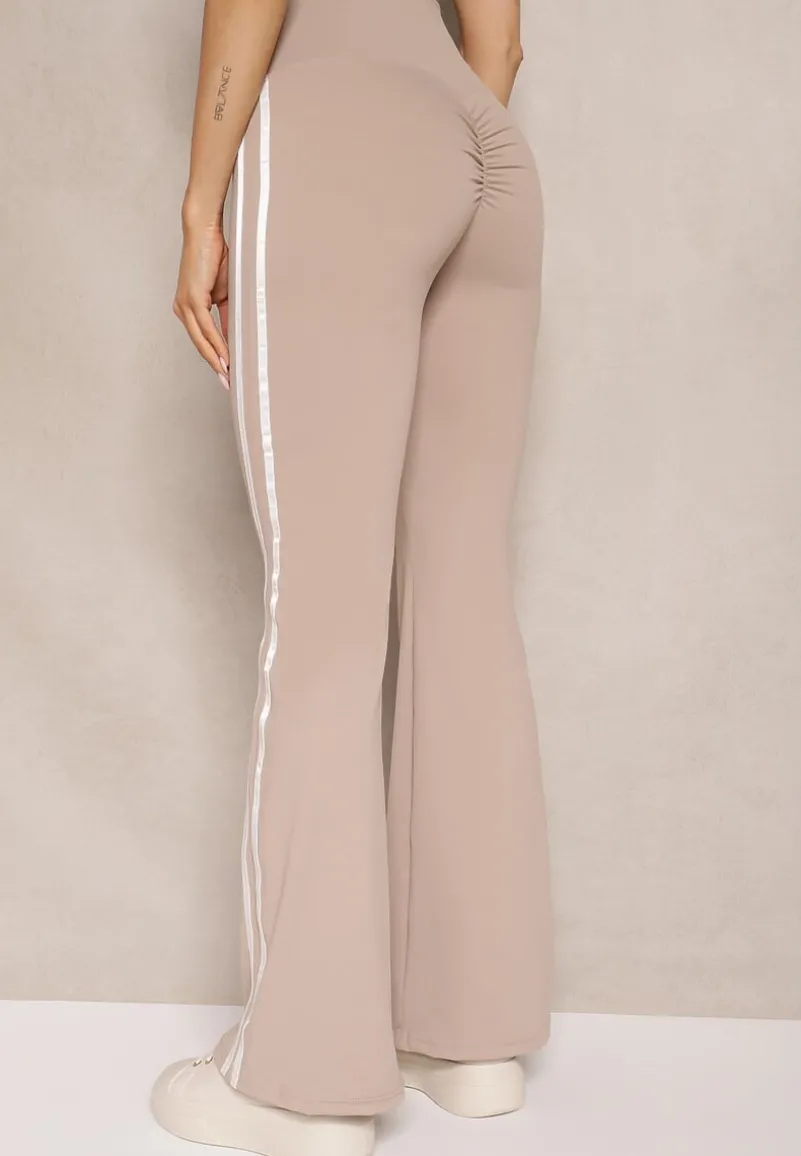 Beżowe Legginsy Flare High Waist z Marszczeniem i Lampasami Kirsena