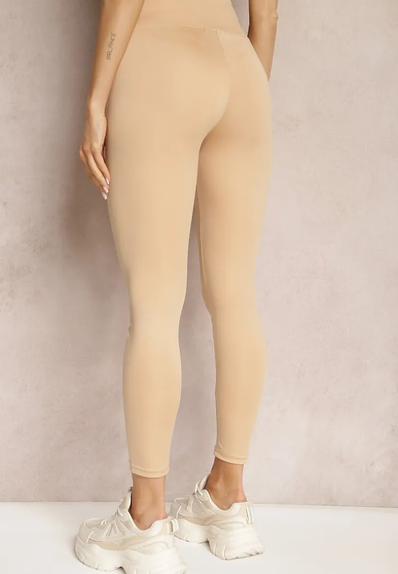 Beżowe Legginsy High Waist z Gumką w Pasie Cloen