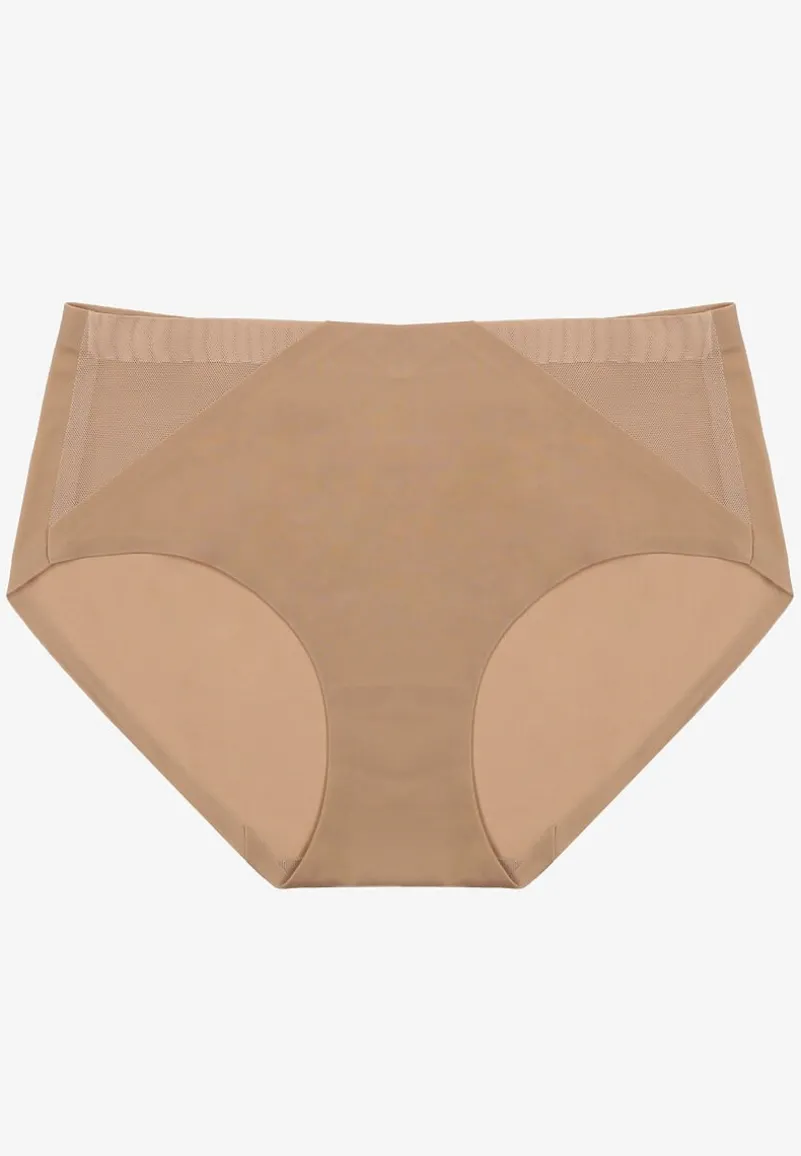 Beżowe Majtki Figi High Waist z Bezszwowym Wykończeniem Kolaniris