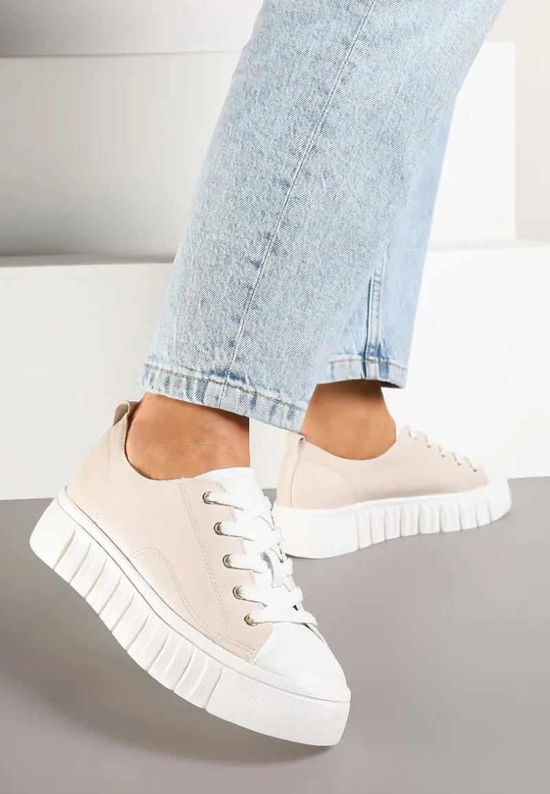 Beżowe Płaskie Sneakersy Vices ze Sznurowaniem Lorori