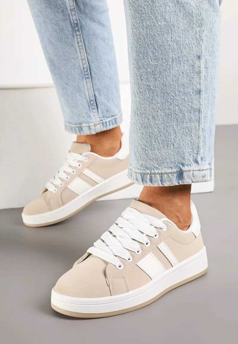 Beżowe Płaskie Sneakersy z Paskiem Quinesi