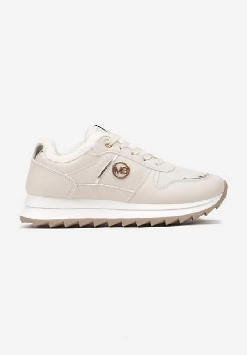 Beżowe Płaskie Sznurowane Sneakersy Ocieplane Ozdobione Metalicznymi Aplikacjami Delanoria