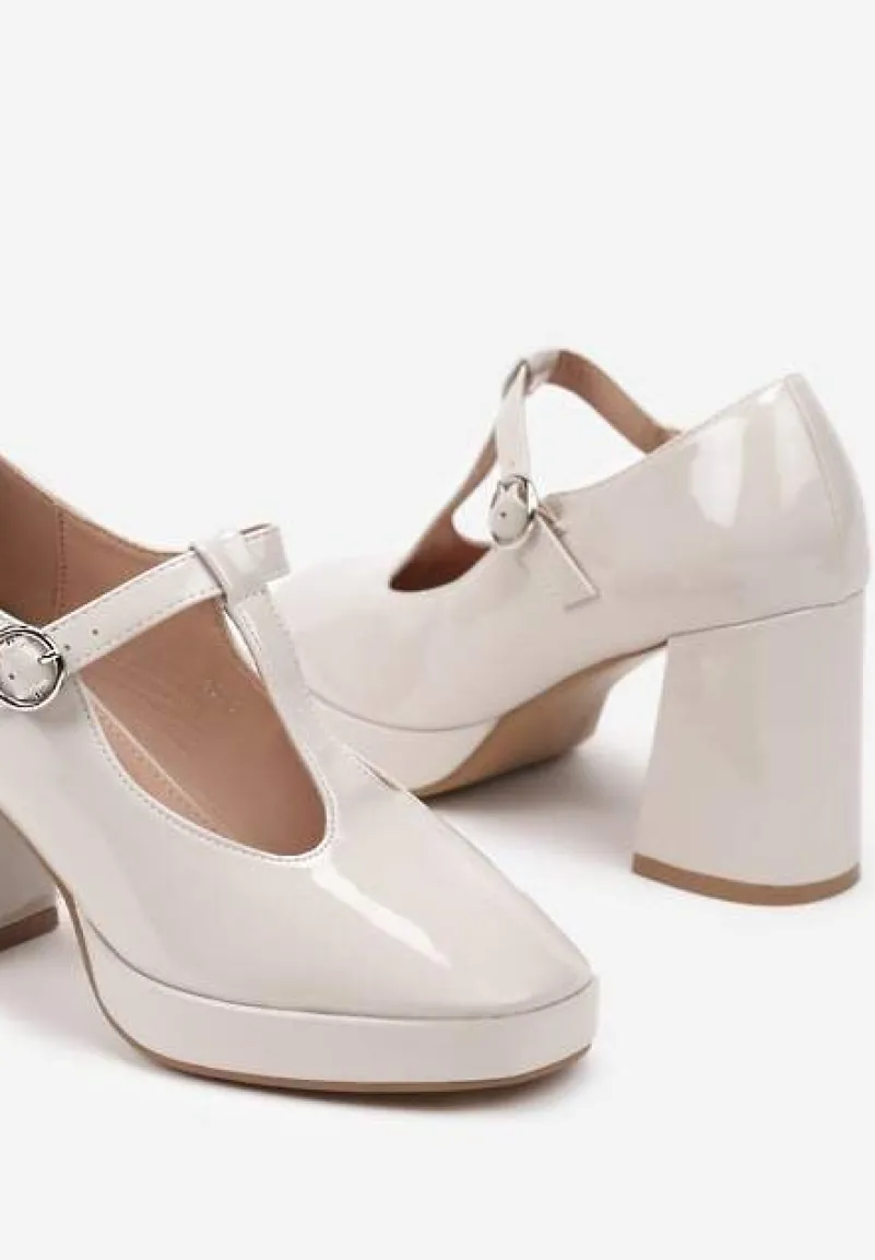 Beżowe Półbuty Lakierowane na Słupku w Stylu Retro Merione