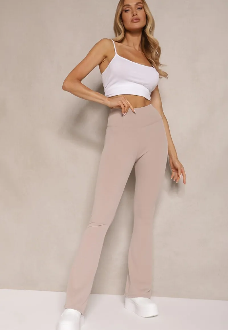 Beżowe Prążkowane Spodnie Typu Dzwony High Waist Farinia
