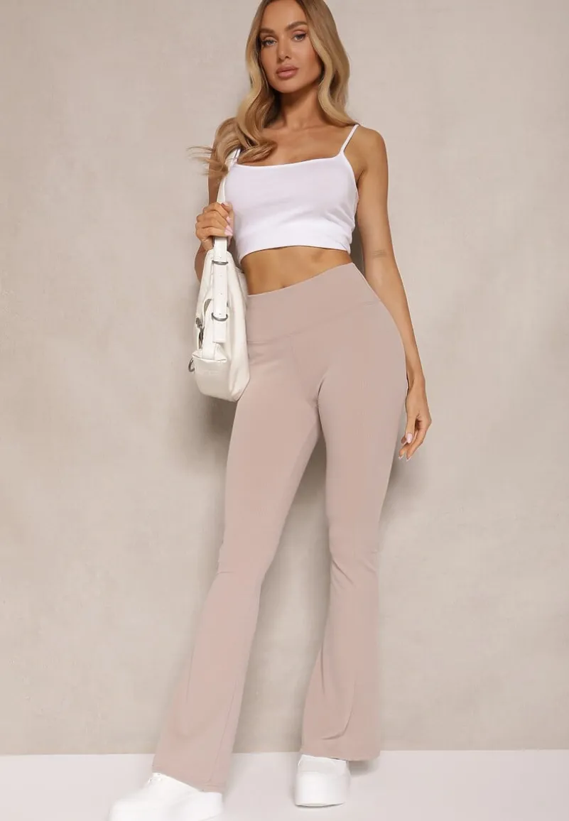 Beżowe Prążkowane Spodnie Typu Dzwony High Waist Farinia