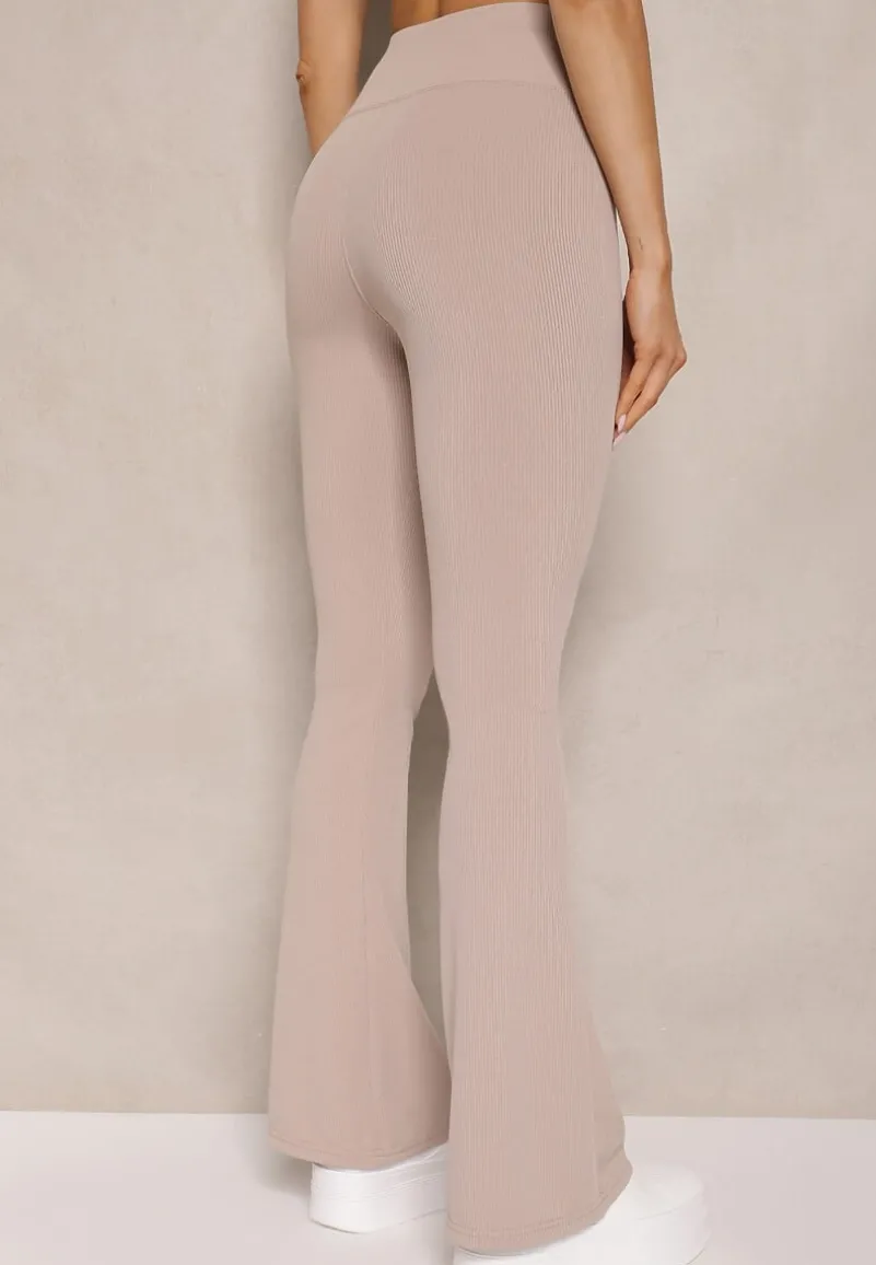 Beżowe Prążkowane Spodnie Typu Dzwony High Waist Farinia