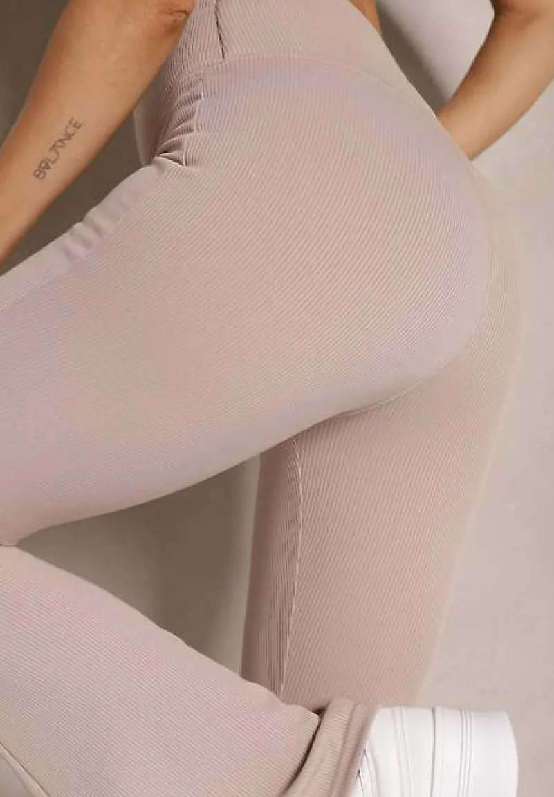 Beżowe Prążkowane Spodnie Typu Dzwony High Waist Farinia