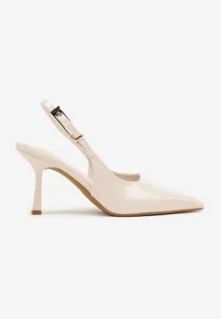 Beżowe Sandały Lakierowane na Szpilce Vices Typu Slingback Tilazea