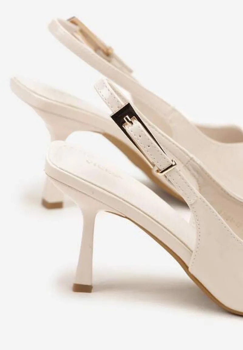 Beżowe Sandały Lakierowane na Szpilce Vices Typu Slingback Tilazea