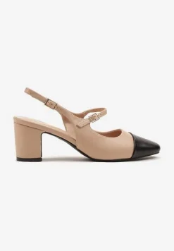 Beżowe Sandały na Słupku Slingback Ozdobione Paskiem Divolia