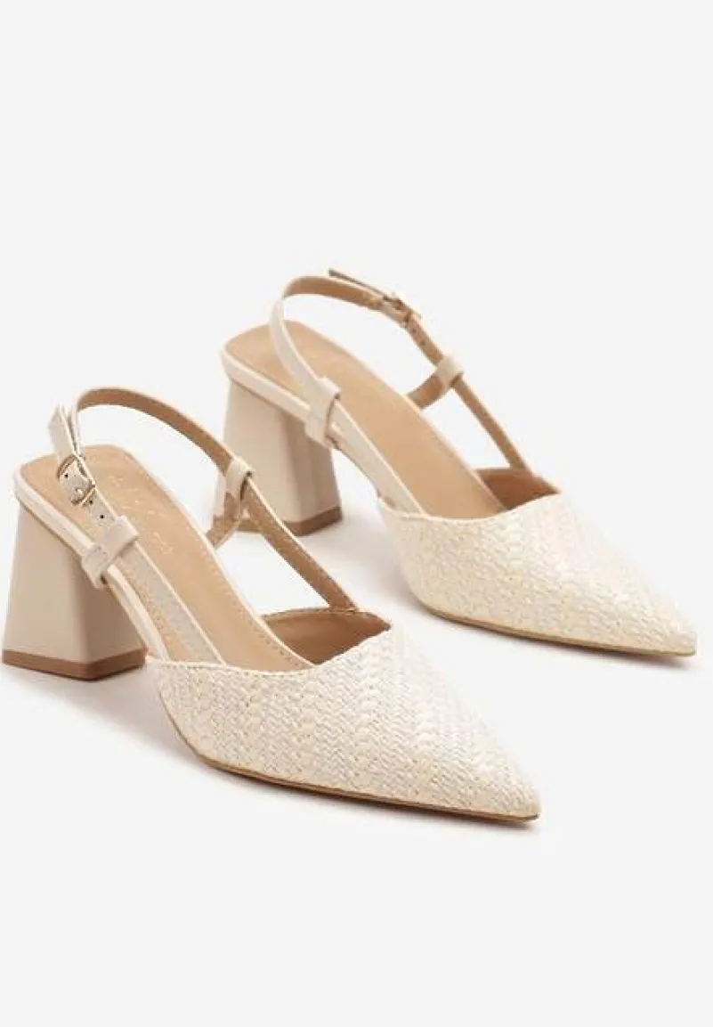 Beżowe Sandały na Słupku Typu Slingback Ozdobione Plecionką Koralisa