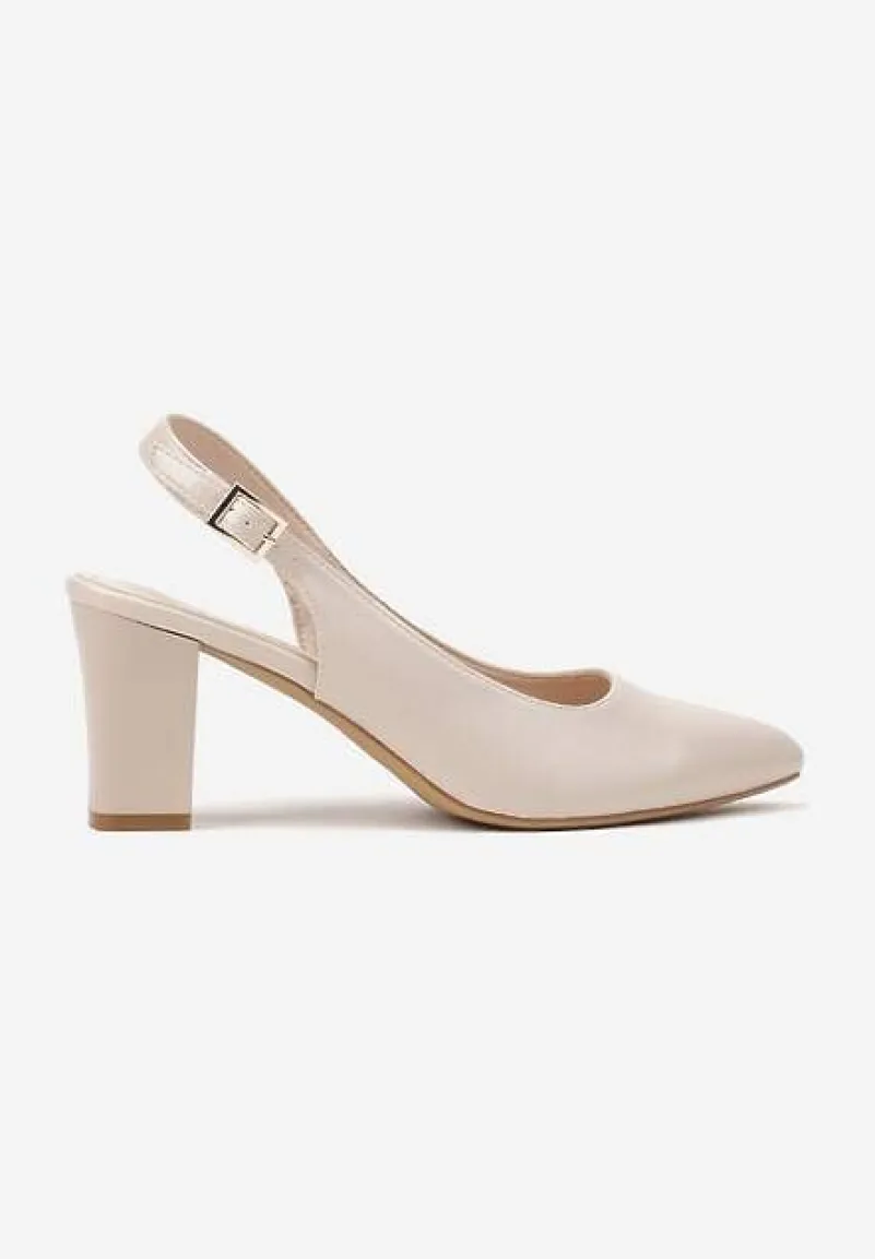 Beżowe Sandały Slingback na Słupkowym Obcasie z Wkładką ze Skóry Naturalnej Salemaris