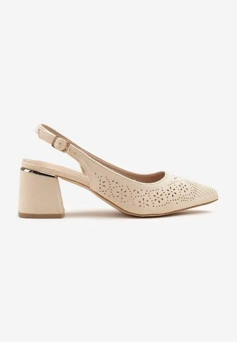Beżowe Sandały Vices na Słupku Slingback ze Skórzaną Wkładką i Ażurowym Wzorem Iffinira