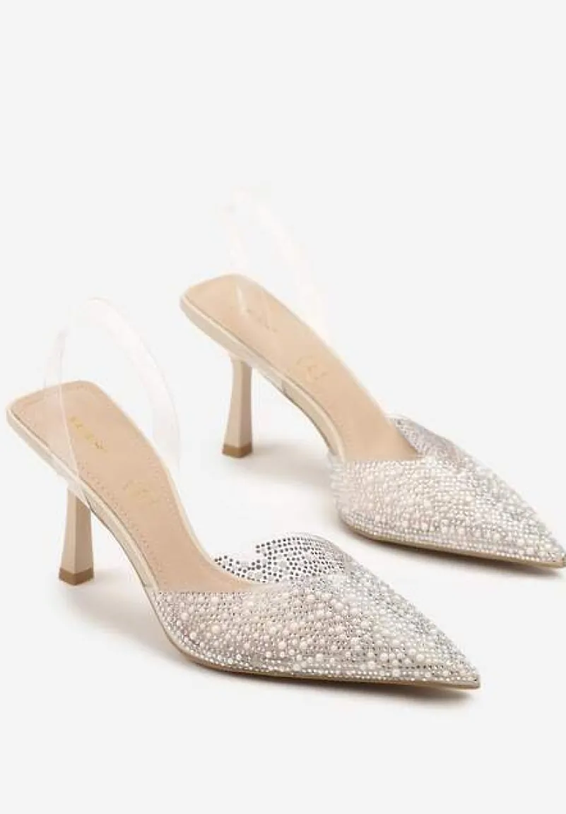 Beżowe Sandały Vices na Szpilce Slingback ze Skórzaną Wkładką i Cyrkoniami Ovifa