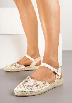 Beżowe Sandały w Stylu Espadryli z Plecionką i Haftem Lealisse