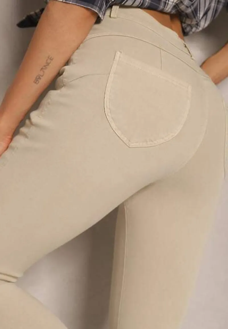 Beżowe Skinny Jeansy z Bawełną High Waist Lorie
