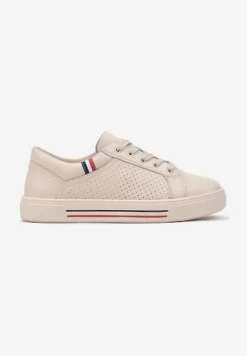 Beżowe Skórzane Sneakersy na Płaskiej Podeszwie ze Skórzaną Wkładką i Perforacją Galiwa