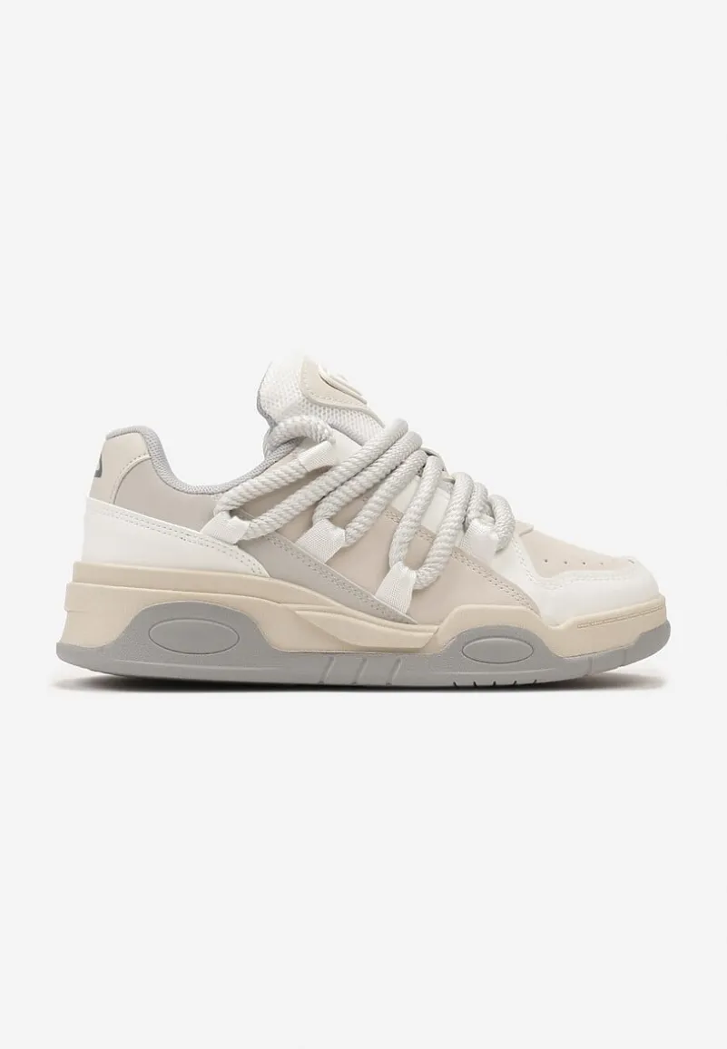 Beżowe Sneakersy na Grubej Podeszwie z Imitacji Skóry z Grubymi Sznurowadłami Virinal