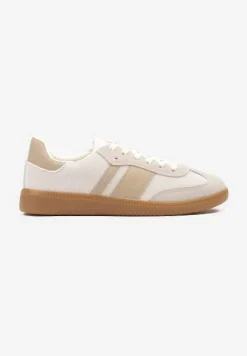Beżowe Sneakersy na Kauczukowej Podeszwie Ozdobione Paskami Emidi