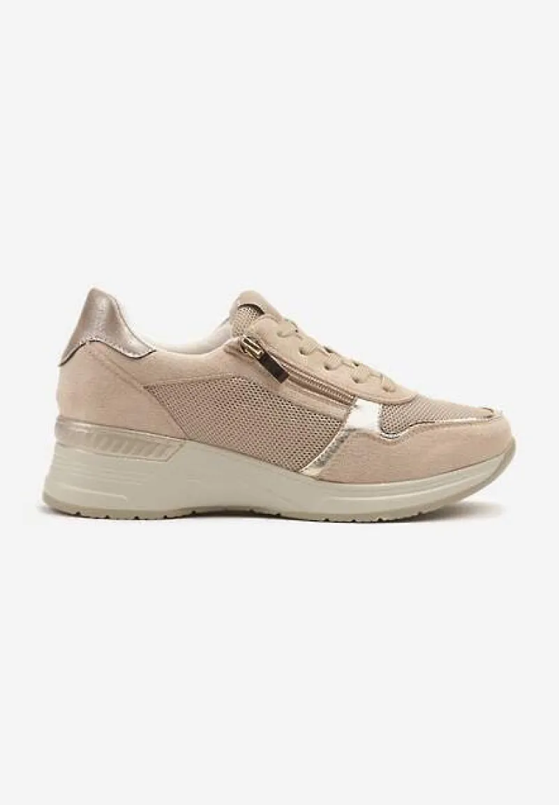 Beżowe Sneakersy na Koturnie z Wkładką ze Skóry Naturalnej Ozdobione Suwakiem Arivios