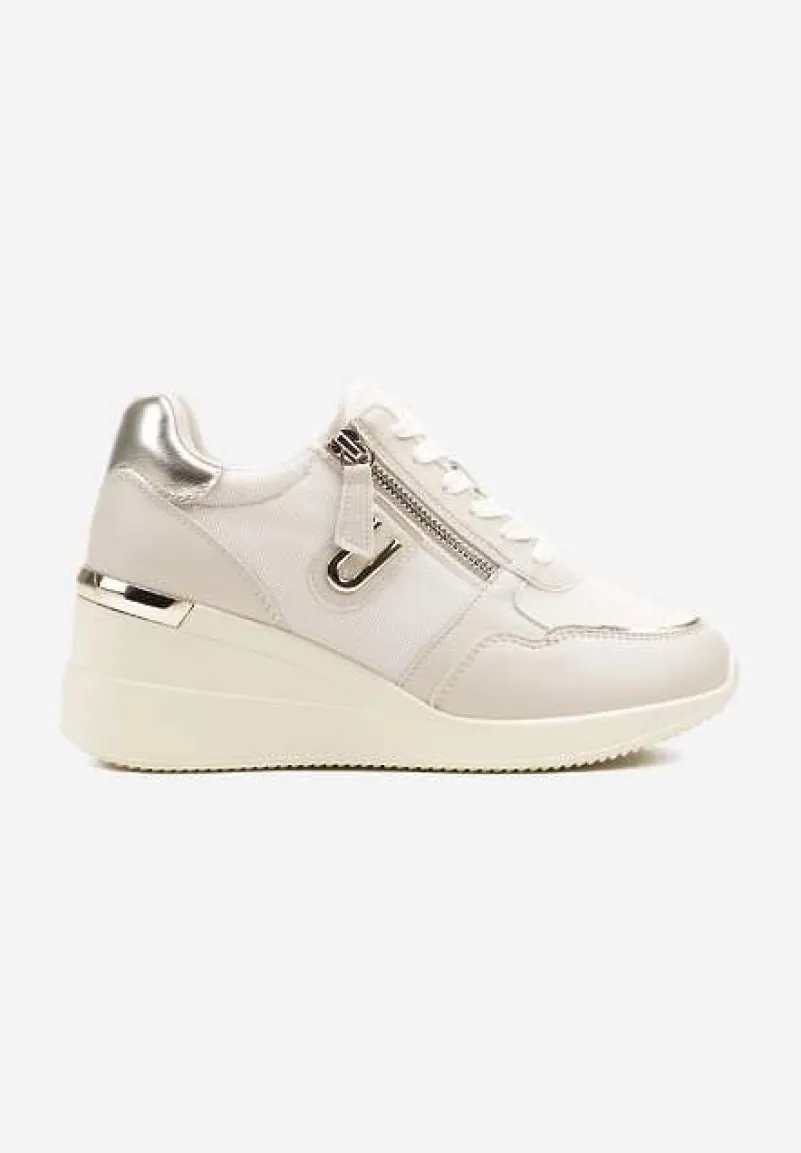 Beżowe Sneakersy na Koturnie z Ozdobnym Zamkiem Błyskawicznym Hanarael