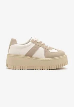 Beżowe Sneakersy na Platformie Ozdobione Paskiem Vivesse
