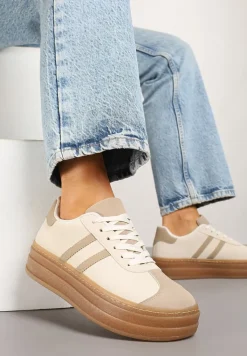 Beżowe Sneakersy na Tłoczonej Platformie Ozdobione Paskami Felainora