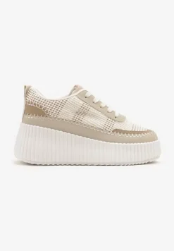 Beżowe Sneakersy na Tłoczonej Platformie z Ozdobnymi Przeszyciami Faloviela