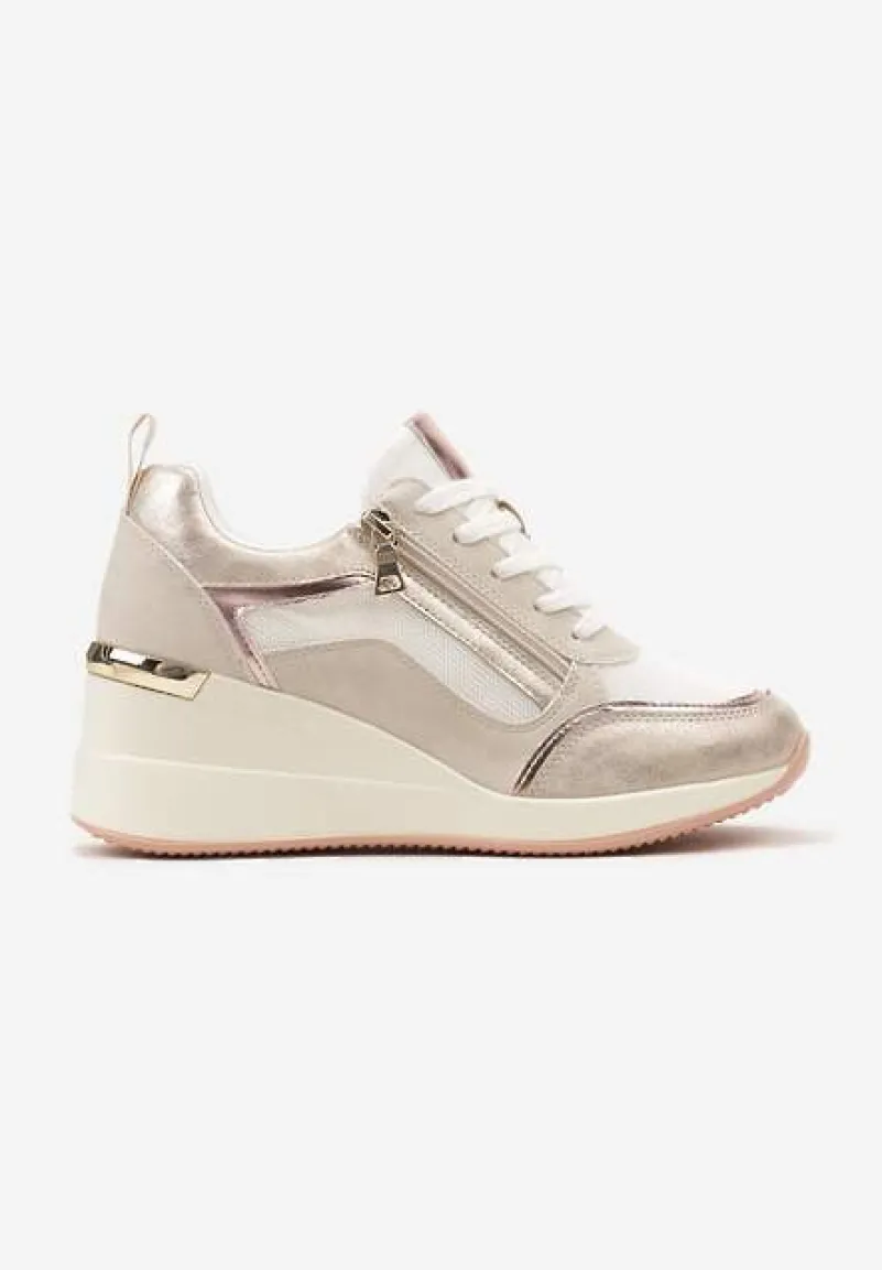 Beżowe Sneakersy Ozdobione Suwakiem i Metalowymi Aplikacjami na Koturnie Warranta