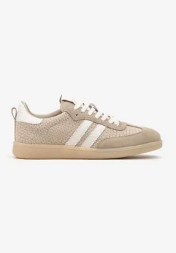 Beżowe Sneakersy Skórzane z Ozdobnymi Paskami Naniella