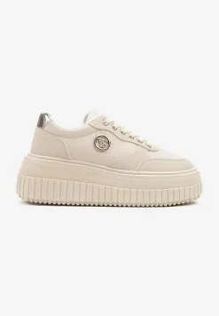 Beżowe Sneakersy Vices na Platformie z Tłoczeniem Ozdobione Metaliczną Aplikacją Eriri
