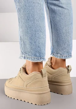 Beżowe Sneakersy Vices Stylizowane na Śniegowce na Platformie Obszyte Futerkiem Naleris