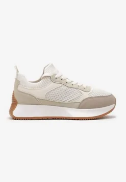 Beżowe Sneakersy ze Skarpetkową Cholewką i Ozdobnym Sznurowaniem na Grubej Podeszwie Pirtia