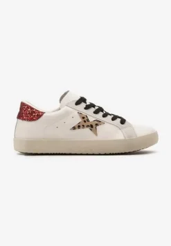 Beżowe Sneakersy ze Sznurowaniem Naszywką Gwiazdki i Brokatem Querena