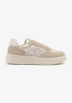 Beżowe Sneakersy z Haftem i Zdobieniami z Siateczki Lirivessa