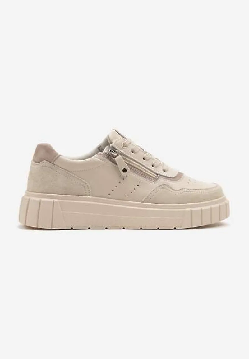 Beżowe Sneakersy z Naturalnej Skóry na Grubej Podeszwie z Suwakiem Soravelle